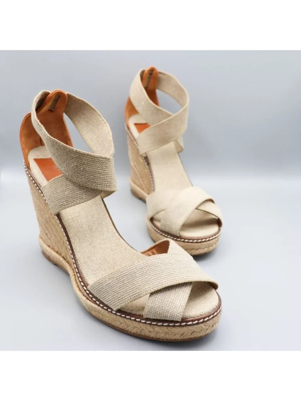 Tory Burch Frieda Platform Wedge Espadrille Sandals Beige Elastic Straps 9.5 B